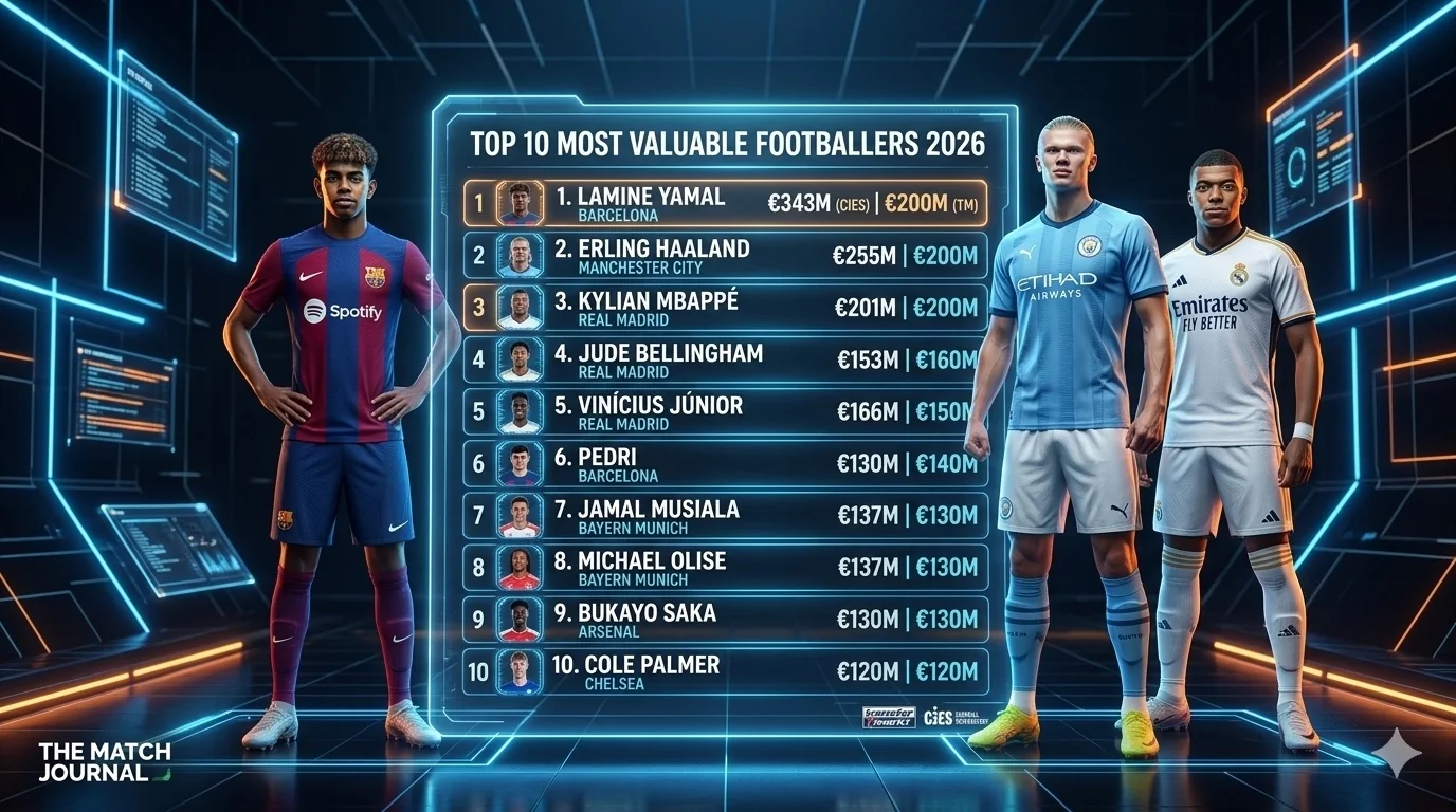Infographic showing the top 100 most valuable footballers 2026 including Lamine Yamal and Erling Haaland market values.