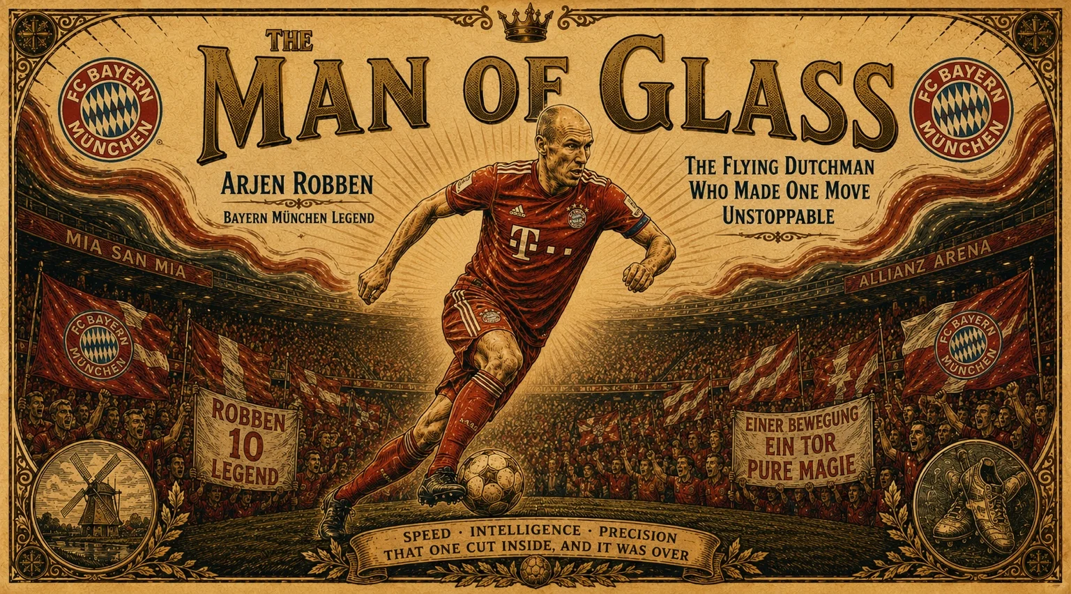 Arjen Robben wearing Bayern Munich’s iconic red jersey dribbles forward in his signature cut-inside pose in a vintage editorial-style football illustration.