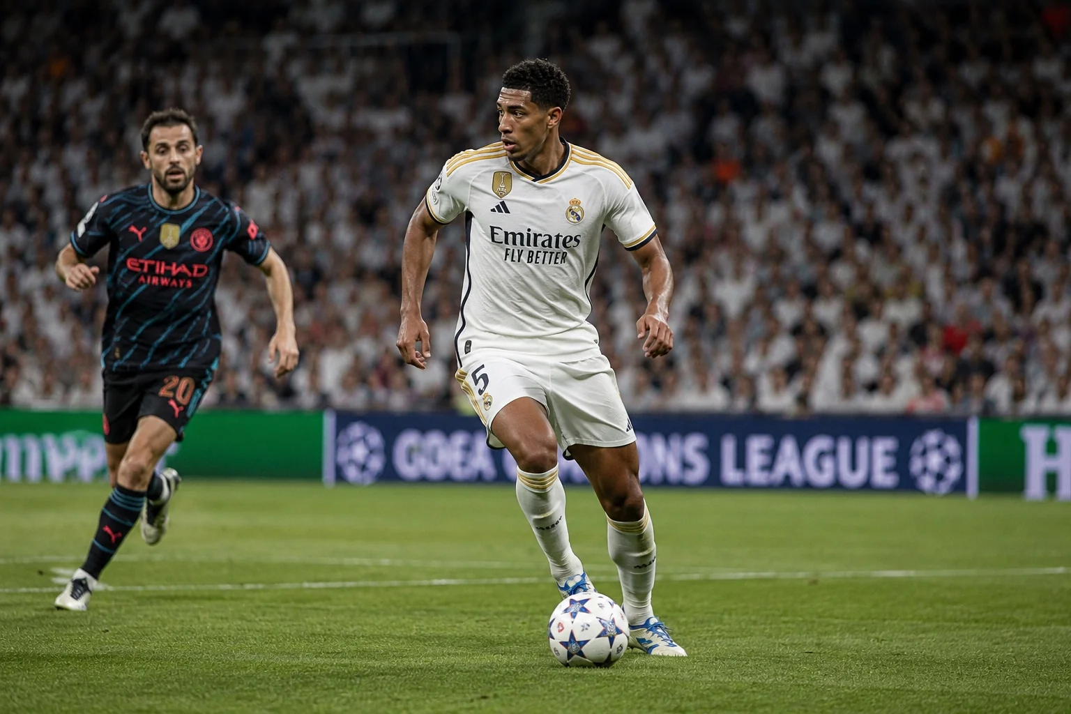A box-to-box midfielder carrying the ball forward during a professional football match under stadium lights.