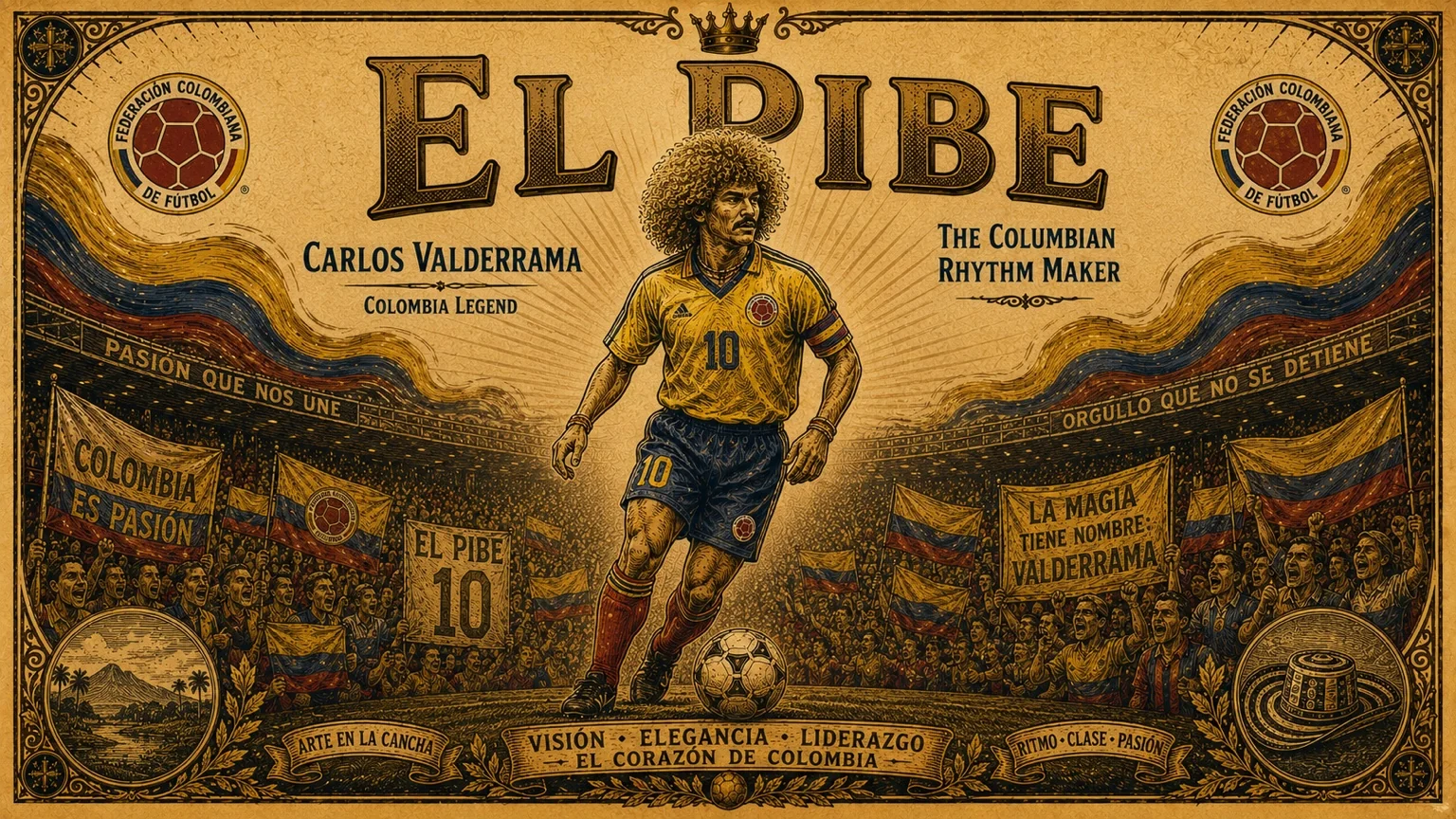 Carlos Valderrama wearing Colombia’s iconic yellow jersey controls the ball in a vintage editorial-style football illustration celebrating El Pibe.