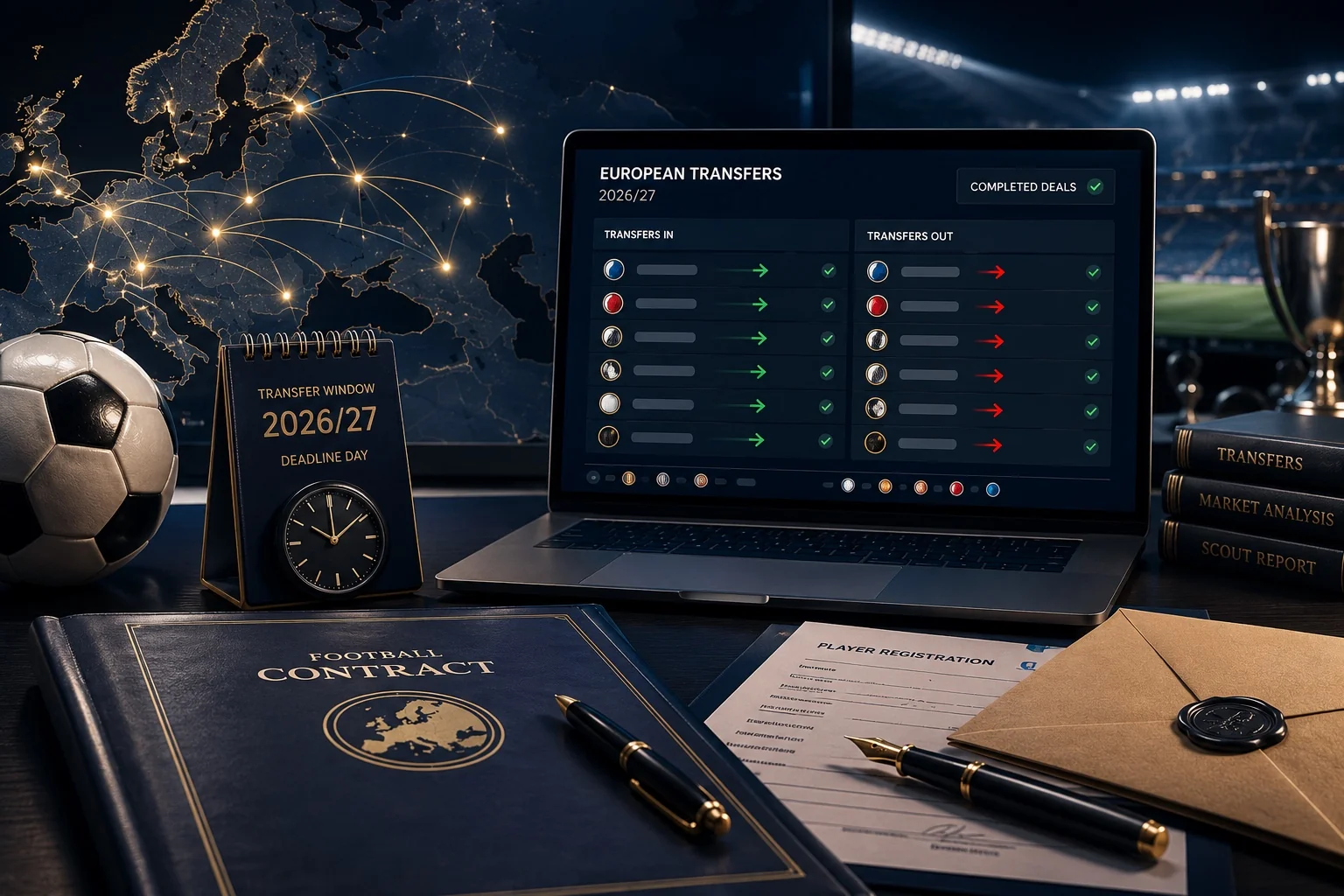 Editorial cinematic cover image showing a European football transfer tracker dashboard with completed deals, transfers in and out, contract documents, football, deadline clock and Europe map routes.