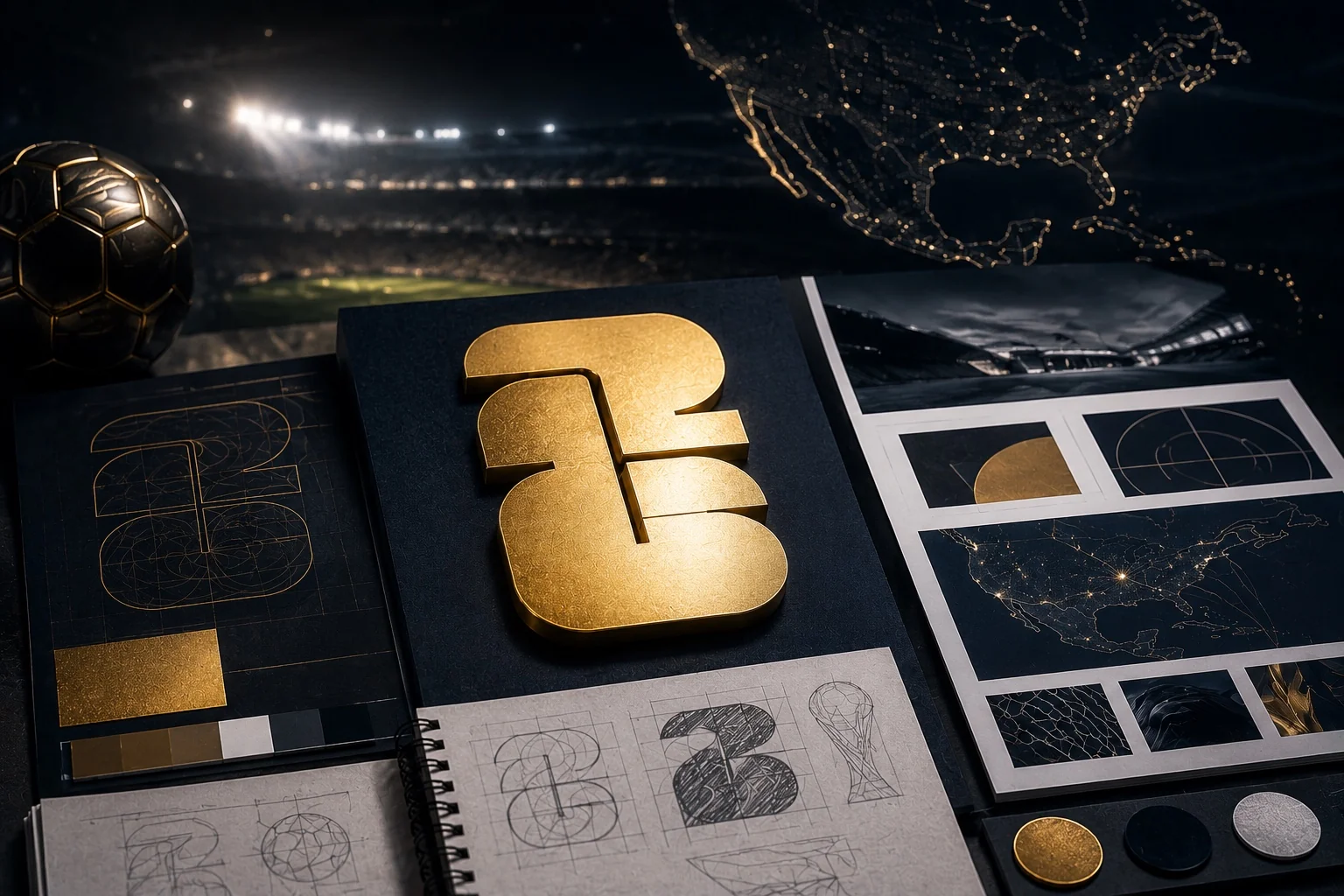 Editorial image showing a gold 26-inspired football branding concept with design sketches, stadium lights, and North America map details for a FIFA World Cup 2026 logo analysis article.