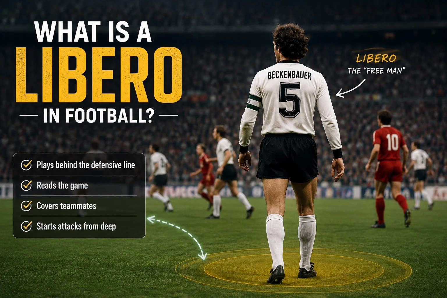 What is a libero in football? A classic libero organizing play from deep defensive positions during a football match.