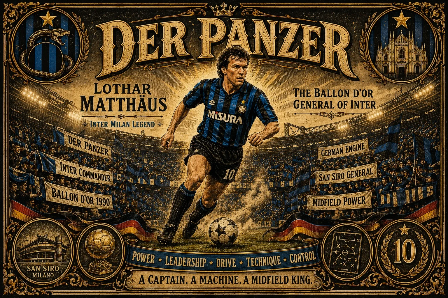 Lothar Matthäus wearing Germany’s iconic white jersey in a vintage football tribute scene celebrating his 1990 World Cup triumph, Ballon d’Or win and complete midfield legacy