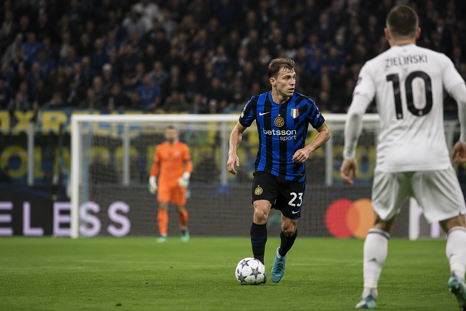 A mezzala midfielder carrying the ball through the half-space during a professional football match under stadium lights.