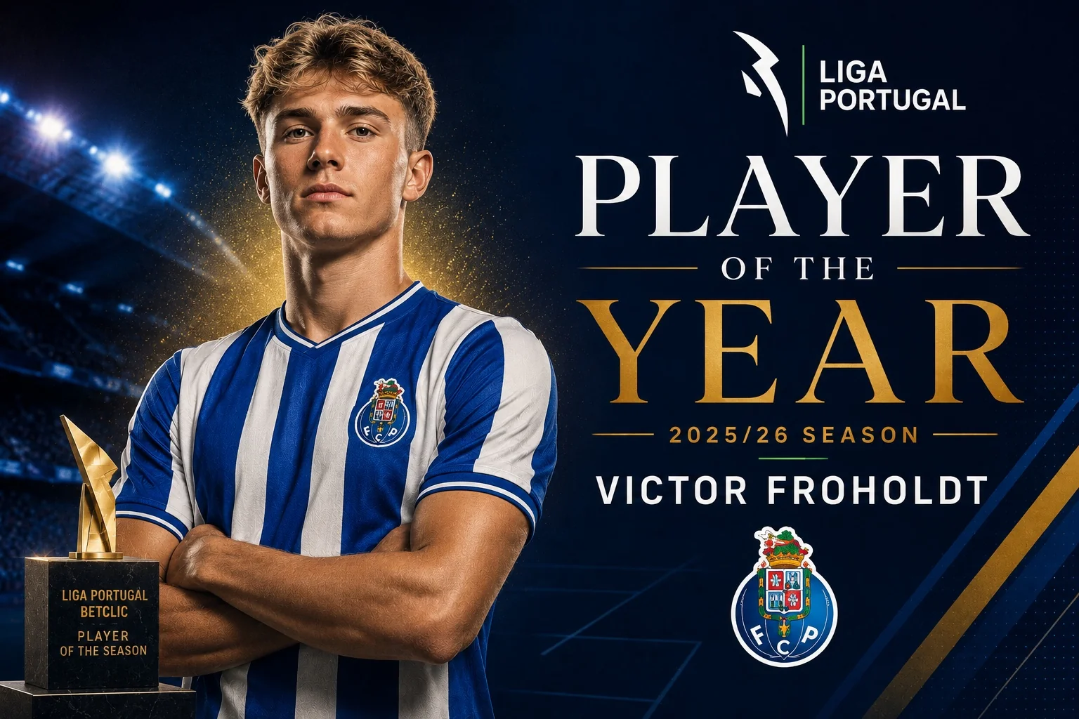 ditorial cover image showing Victor Froholdt as Primeira Liga Player of the Year 2025/26 in an FC Porto-style blue and white striped jersey with award typography and stadium lighting.