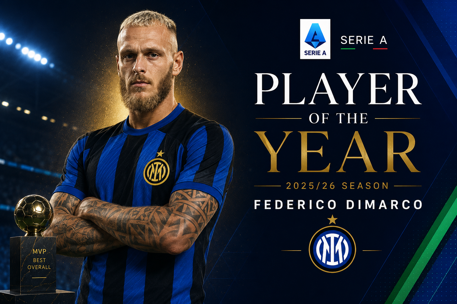 Editorial cover image showing Federico Dimarco as Serie A Player of the Year 2025/26 in an Inter-style black and blue jersey with award typography and stadium lighting.