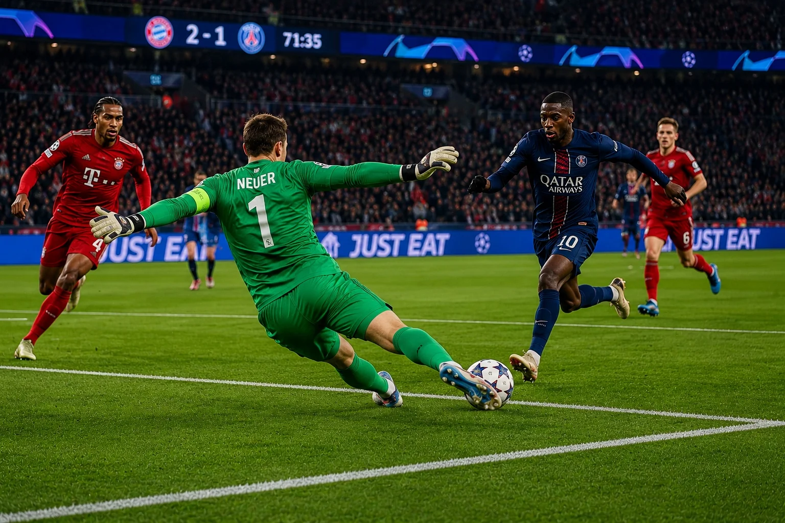 A sweeper keeper rushing outside the penalty area to intercept an attacking player during a professional football match.