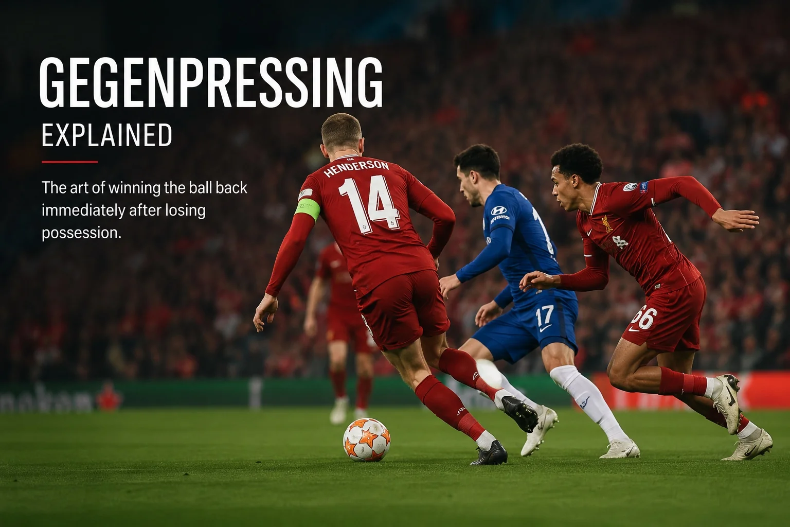 Football players applying gegenpressing by aggressively pressing an opponent immediately after losing possession during a match. What is gegenpressing?
