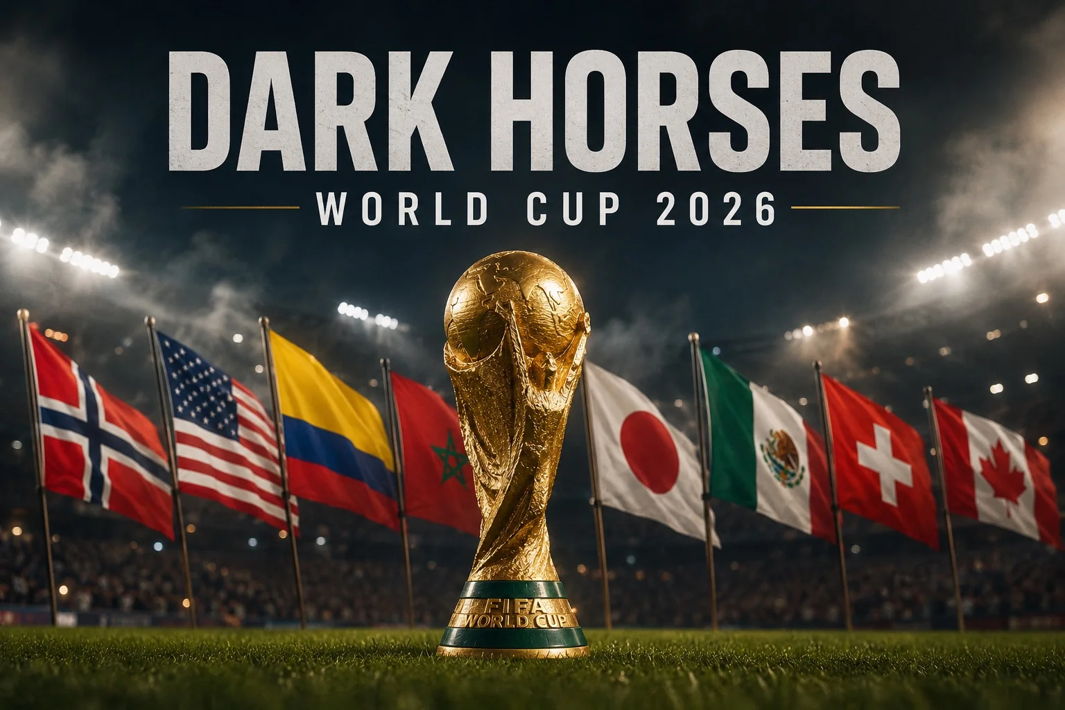 World Cup trophy with dark horse team flags for World Cup 2026 dark horses article