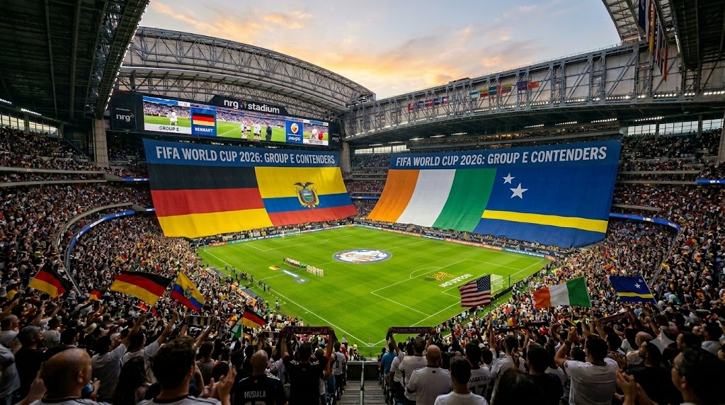 Wide-angle view of NRG Stadium in Houston at twilight, showing massive banners with the national flags of Germany, Ecuador, Côte d'Ivoire, and Curaçao for a World Cup 2026 Group E Prediction match.