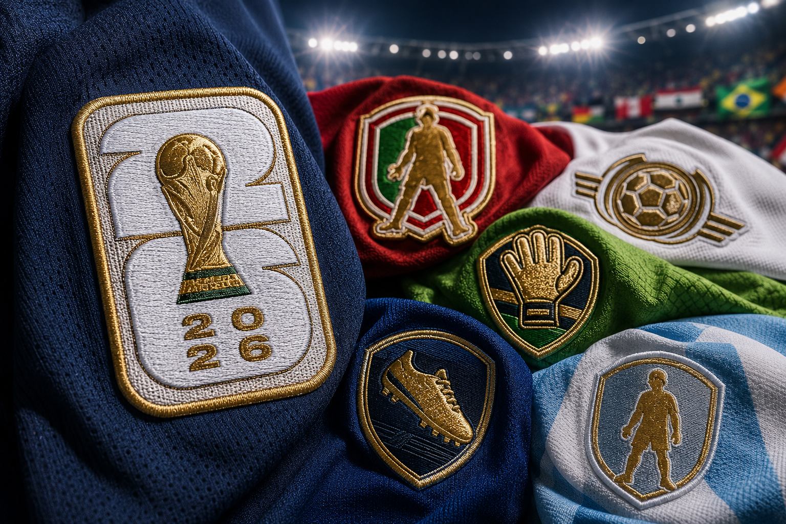 FIFA World Cup 2026 patch collection featuring standard, debut, legacy, Golden Ball, Golden Glove and Golden Boot sleeve badges on football jerseys under stadium floodlights.