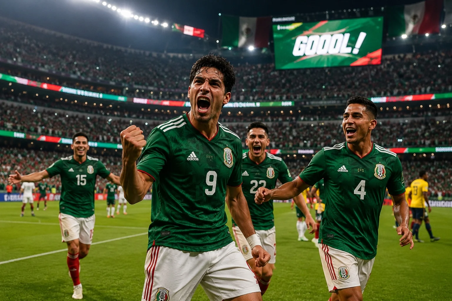 Mexico World Cup 2026 players celebrating home soil knockout magic after beating Ecuador at Mexico City Stadium