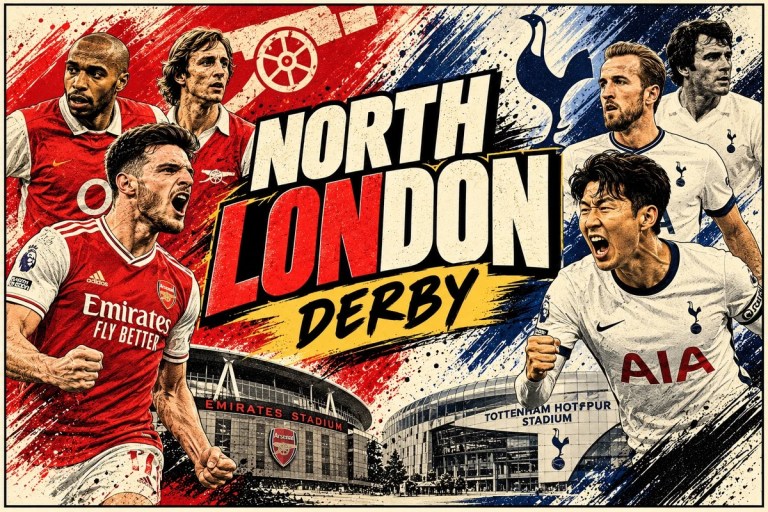 North London Derby illustration featuring Arsenal and Tottenham